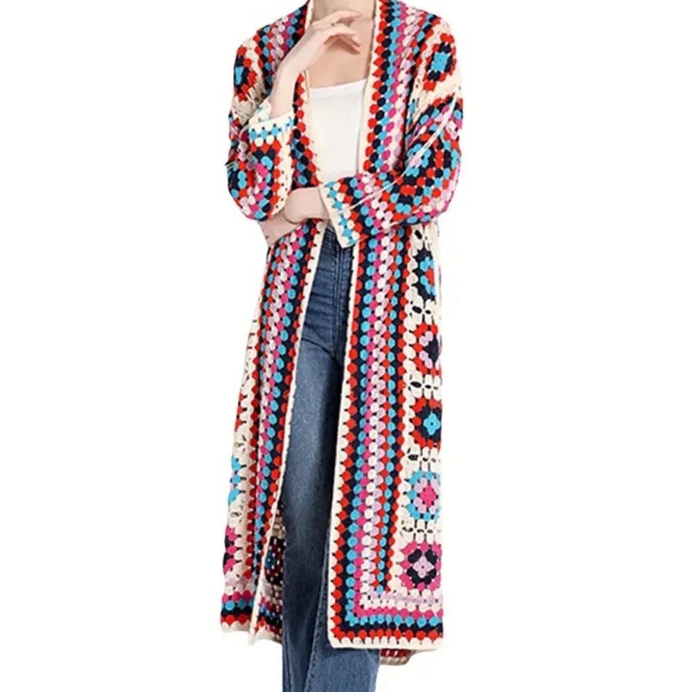 Colorful Crochet Long Length Sweater in Cream or Black